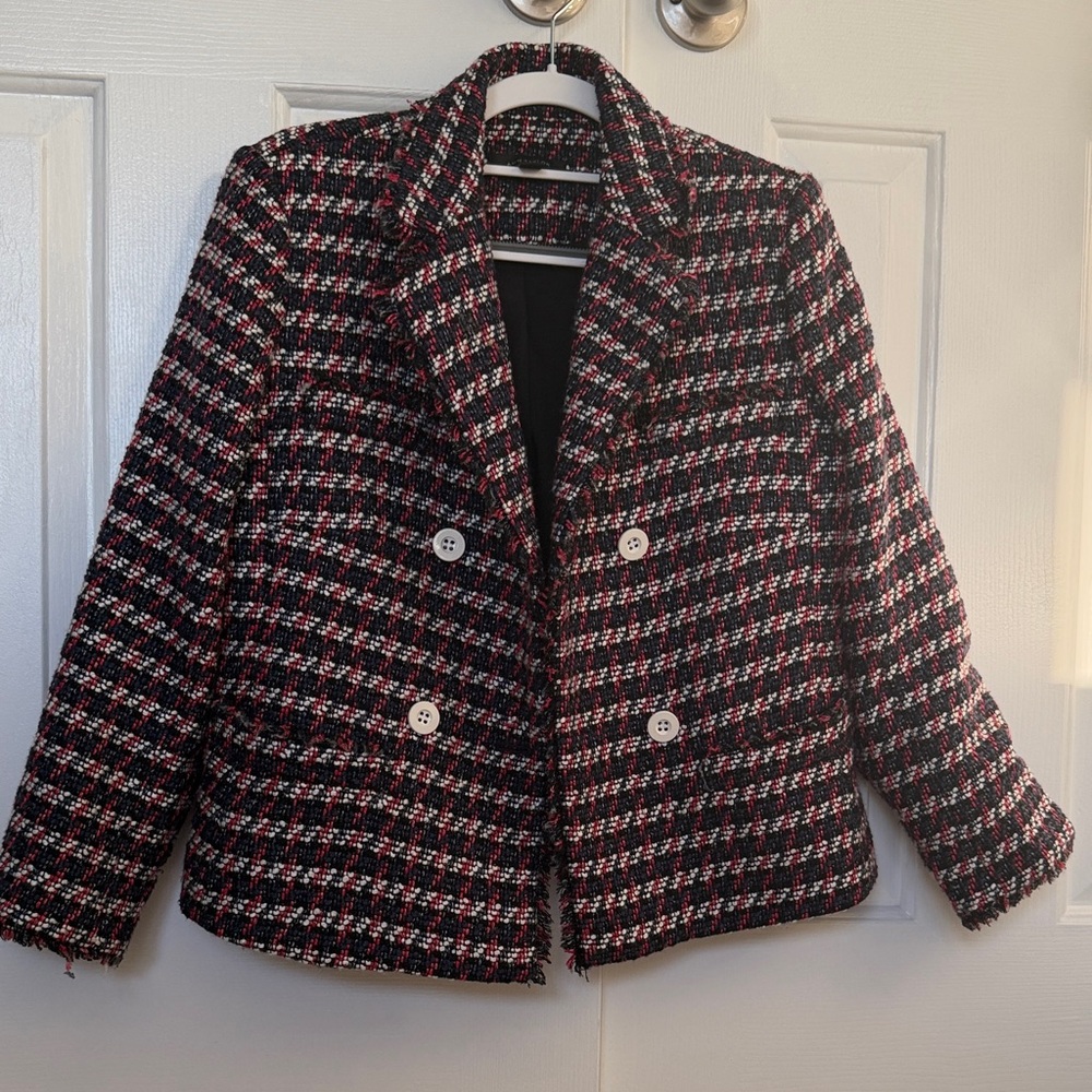 Ann Taylor Black and White Tweed Blazer with Red Accents